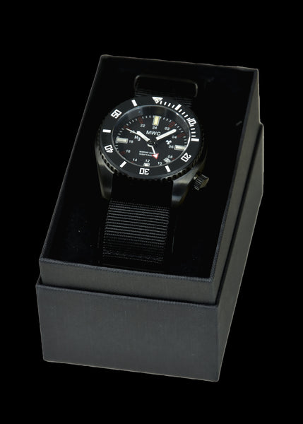 MWC "Submarine / Naval Crew Divers Watch" 500m (1,640ft) Water Resistant Dual Time Zone Military Watch in PVD Stainless Steel Case with GTLS and Helium Valve