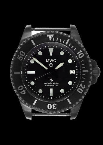 MWC 24 Jewel 1982 Pattern 300m Automatic Military Divers Watch in Black PVD with a Sapphire Crystal on a NATO Webbing Strap (Date Version)
