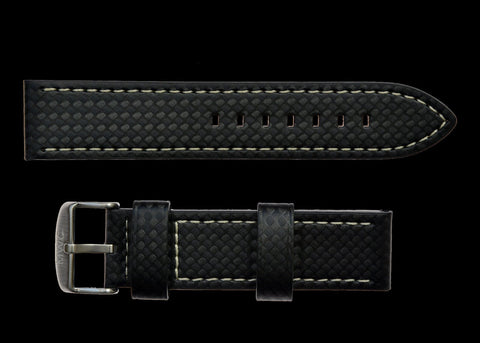 22mm MWC Branded Black Carbon Fibre Effect Leather Watch Strap