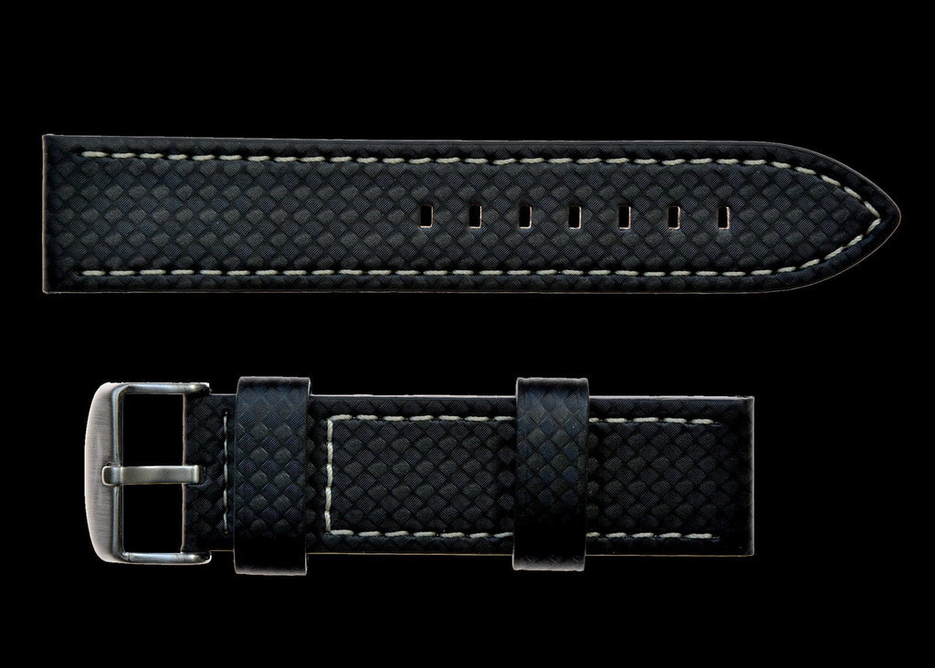 22mm Unbranded MWC Black Carbon Fibre Effect Leather Watch Strap